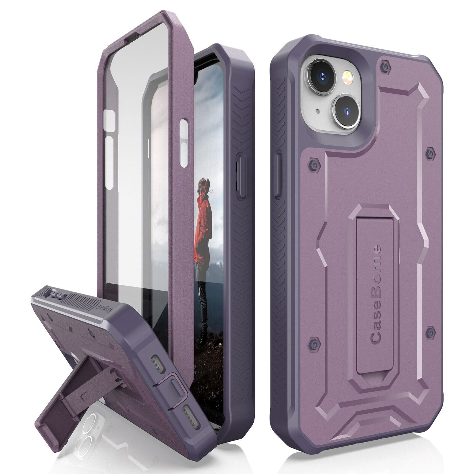 CaseBorne V Series Case Compatible with iPhone 14 Plus - Military Grade Full-Body Rugged with Kickstand and Built-in Screen Protector - Purple