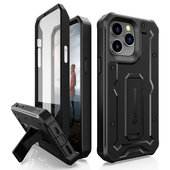 CaseBorne V Series Case Compatible with iPhone 14 Pro Max - Military Grade Full-Body Rugged with Kickstand and Built-in Screen Protector - Black