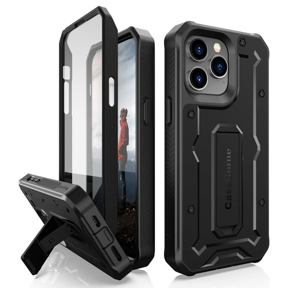 CaseBorne V Series Case Compatible with iPhone 14 Pro Max - Military Grade Full-Body Rugged with Kickstand and Built-in Screen Protector - Black