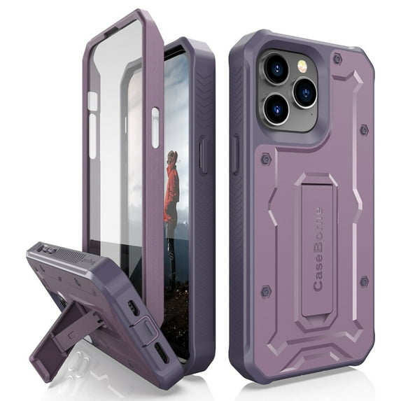 CaseBorne V Series Case Compatible with iPhone 14 Pro Max - Military Grade Full-Body Rugged with Kickstand and Built-in Screen Protector - Purple