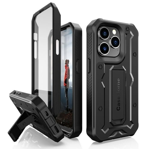 CaseBorne V Series Case Compatible with iPhone 14 Pro - Military Grade Full-Body Rugged with Kickstand and Built-in Screen Protector - Black