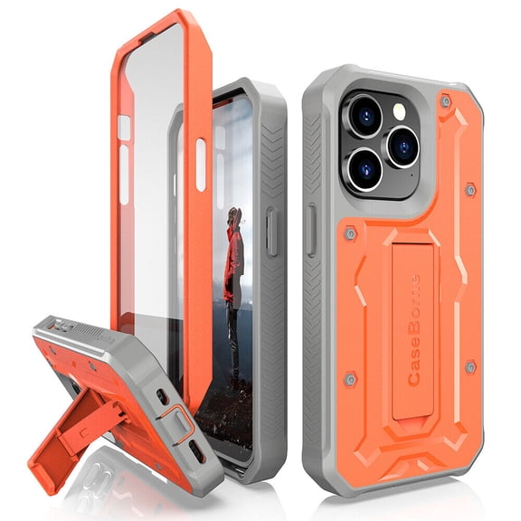CaseBorne V Series Case Compatible with iPhone 14 Pro - Military Grade Full-Body Rugged with Kickstand and Built-in Screen Protector - Orange