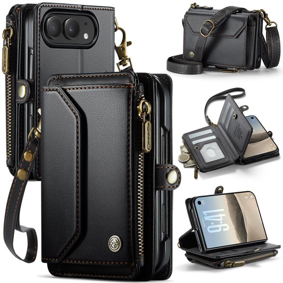 CaseMe C36 Wallet Case for iPhone Duo RFID Card Slots Zipper Pocket Straps, Black