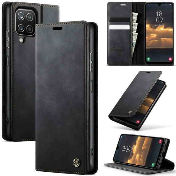 CaseMe Calf Leather Lining Microfibre Wallet Case for Samsung Galaxy A12 6.5-inch with RFID Blocking,Magnetic Closure,Card Slots,Cash Slot,Kickstand,Shockproof Flip Folio Protective Phone Case,Black