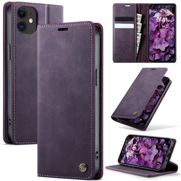 CaseMe Calf Leather Lining Microfibre Wallet Case For iPhone 12 Mini 5.4-inch with RFID Blocking,Magnetic Closure,Card Slots,Cash Slot,Kickstand,Shockproof Flip Folio Protective Phone Case,Purple