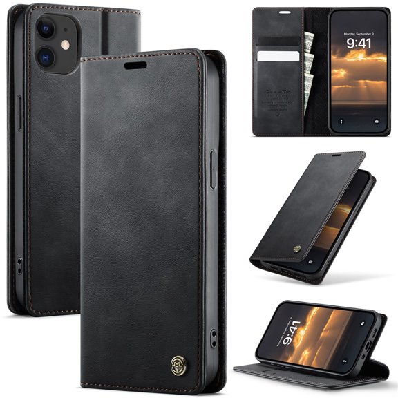 CaseMe Calf Leather Lining Microfibre Wallet Case For iPhone 12 Mini 5.4-inch with RFID Blocking,Magnetic Closure,Card Slots,Cash Slot,Kickstand,Shockproof Flip Folio Protective Phone Case,Black