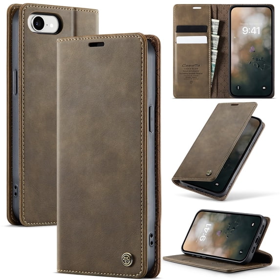 CaseMe Calf Leather Lining Microfibre Wallet Case For iPhone 16e 6.1-inch with RFID Blocking,Magnetic Closure,Card Slots,Cash Slot,Kickstand,Shockproof Flip Folio Protective Phone Case,Brown