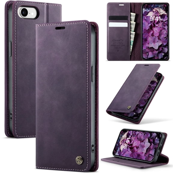 CaseMe Calf Leather Lining Microfibre Wallet Case For iPhone 16e 6.1-inch with RFID Blocking,Magnetic Closure,Card Slots,Cash Slot,Kickstand,Shockproof Flip Folio Protective Phone Case,Purple
