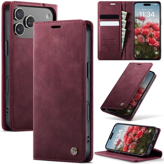 CaseMe Calf Leather Lining Microfibre Wallet Case For iPhone 18 Pro Max 6.9-inch with RFID Blocking,Magnetic Closure,Card Slots,Cash Slot,Kickstand,Shockproof Flip Folio Protective Phone Case,Red