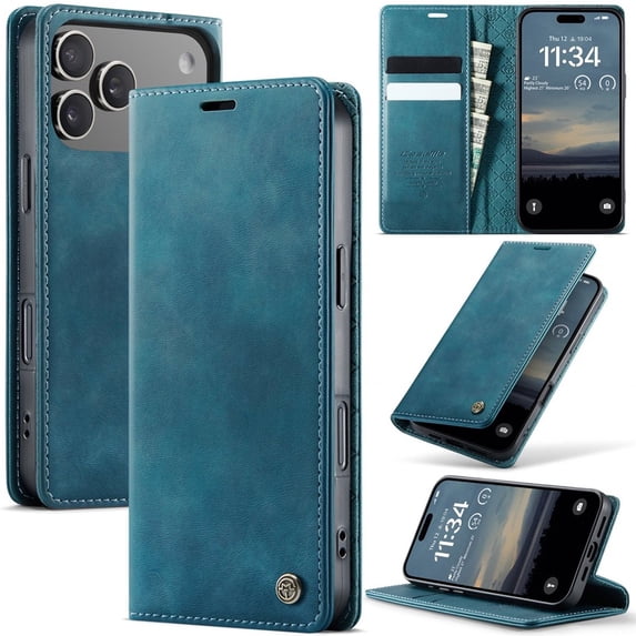CaseMe Calf Leather Lining Microfibre Wallet Case For iPhone 18 Pro Max 6.9-inch with RFID Blocking,Magnetic Closure,Card Slots,Cash Slot,Kickstand,Shockproof Flip Folio Protective Phone Case,Blue