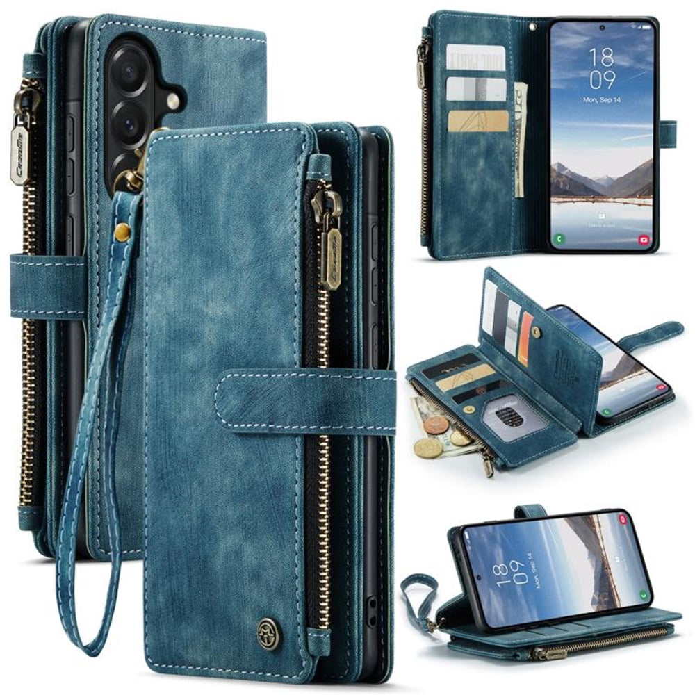 CaseMe Case for Samsung Galaxy A37 5G Wallet Case for Women Men, Fashion Durable PU Leather Magnetic Flip Lanyard Strap Wristlet 10-Card Holder Zipper Wallet Phone Case,Blue,For Galaxy A37 5G