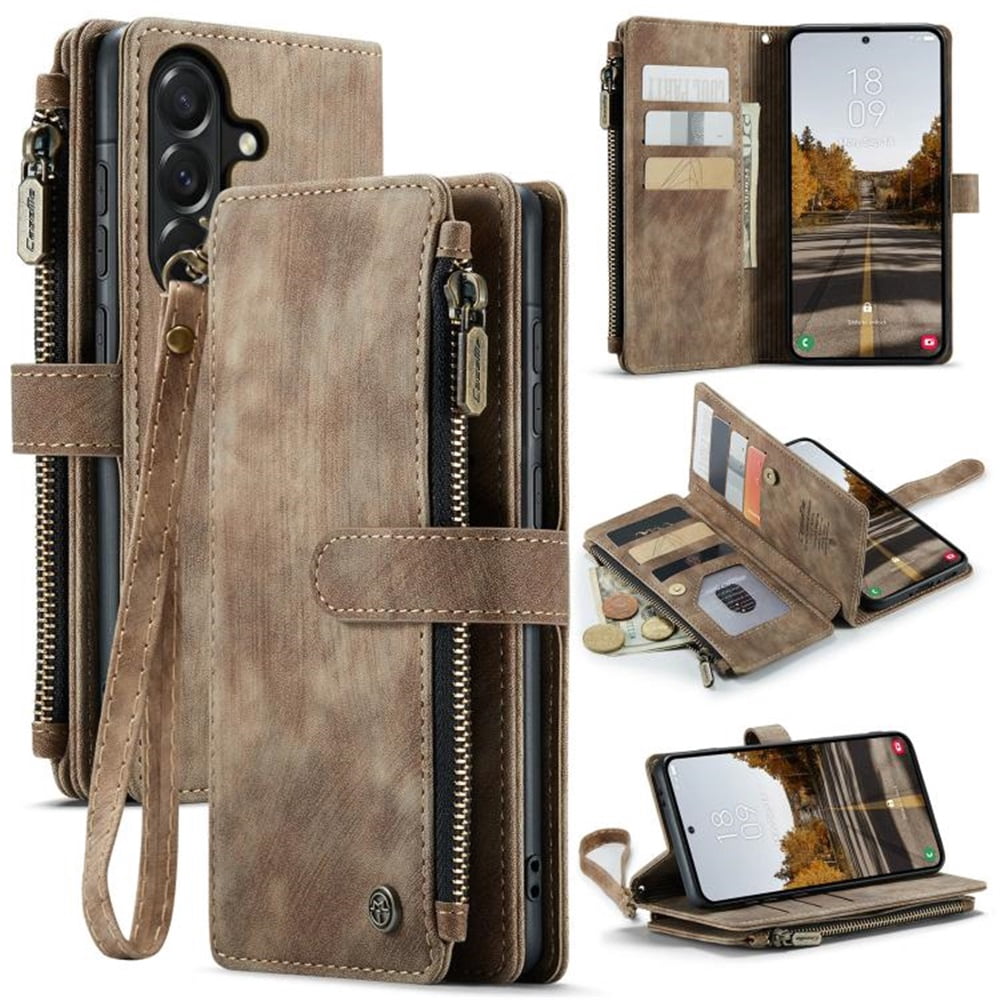 CaseMe Case for Samsung Galaxy A37 5G Wallet Case for Women Men, Fashion Durable PU Leather Magnetic Flip Lanyard Strap Wristlet 10-Card Holder Zipper Wallet Phone Case,Brown,For Galaxy A37 5G