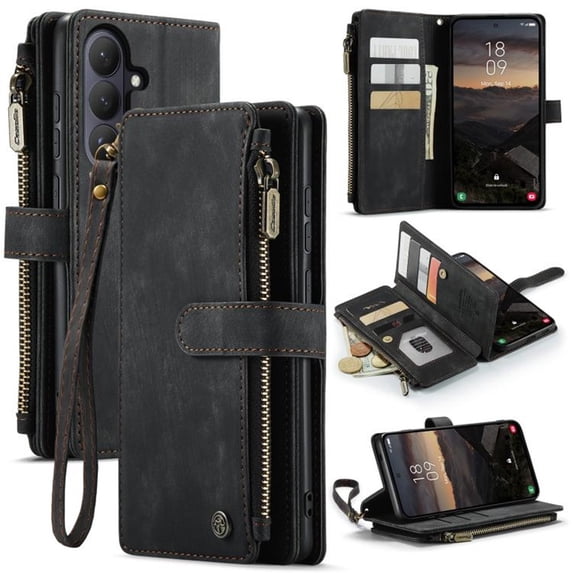 CaseMe Case for Samsung Galaxy S26+ 5G Wallet Case for Women Men, Fashion Durable PU Leather Magnetic Flip Lanyard Strap Wristlet 10-Card Holder Zipper Wallet Phone Case,Black,For Galaxy S26+ (5G)