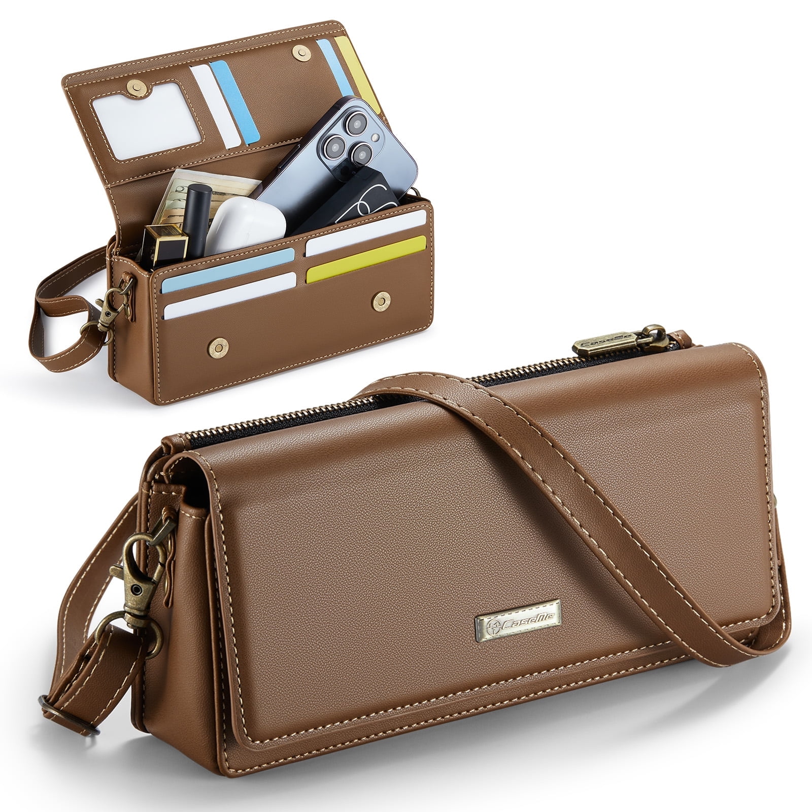 CaseMe Fashion Small Crossbody Bag for Women,Cell Phone Purse Women's Shoulder Handbags Wallet Purse with RFID Blocking Credit Card Slots Zip Small Crossbody Bag Wrist strap/Shoulder strap - Brown
