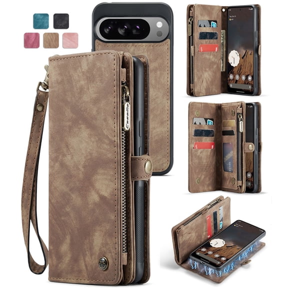 CaseMe Leather Case for Google Pixel 10 Pro XL,2 in 1 Detachable Wallet Case with 8-Card Holder Zipper Bills Slot,Magnetic Shockproof Flip Leather Cover Zipper Pocket Phone Cases,Brown