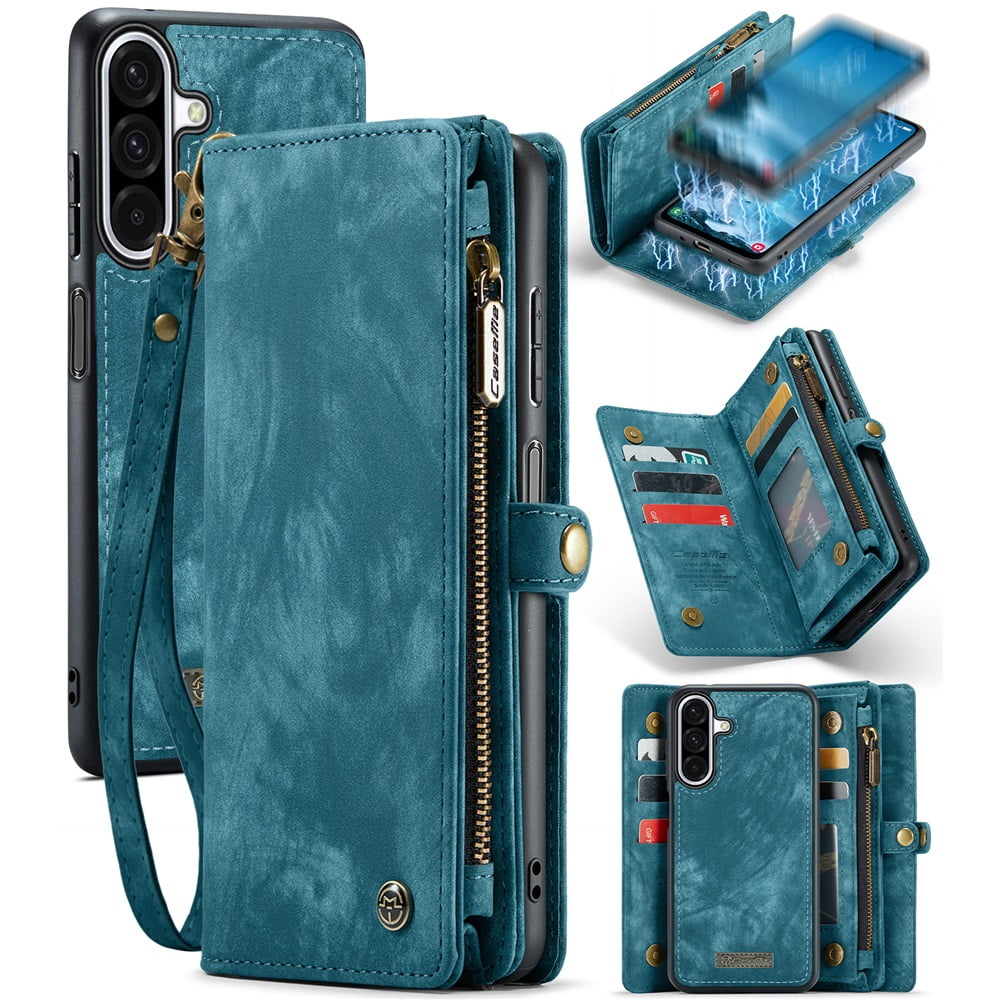 CaseMe Leather Case for Samsung Galaxy A17,2 in 1 Detachable Wallet Case with 8-Card Holder Zipper Bills Slot,Magnetic Shockproof Flip Leather Cover Zipper Pocket Phone Cases,Blue,For Galaxy A17