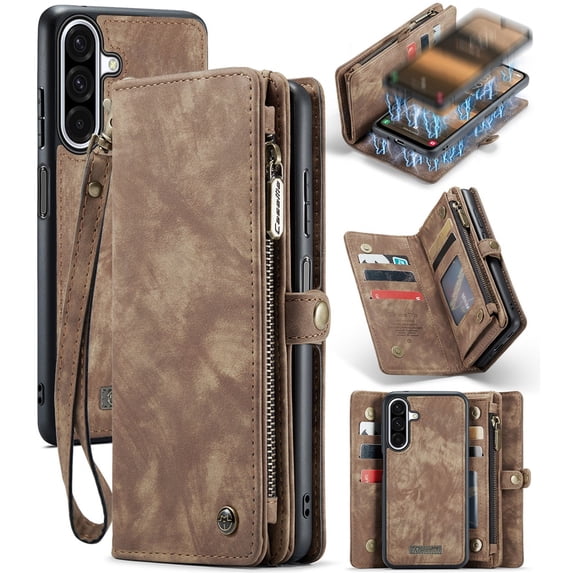 CaseMe Leather Case for Samsung Galaxy A17,2 in 1 Detachable Wallet Case with 8-Card Holder Zipper Bills Slot,Magnetic Shockproof Flip Leather Cover Zipper Pocket Phone Cases,Brown,For Galaxy A17