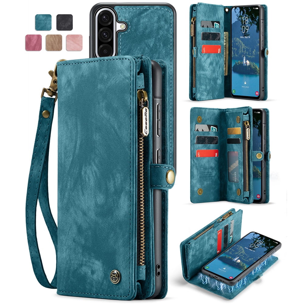 CaseMe Leather Case for Samsung Galaxy A56,2 in 1 Detachable Wallet Case with 8-Card Holder Zipper Bills Slot,Magnetic Shockproof Flip Leather Cover Zipper Pocket Phone Cases,Blue,For Galaxy A56