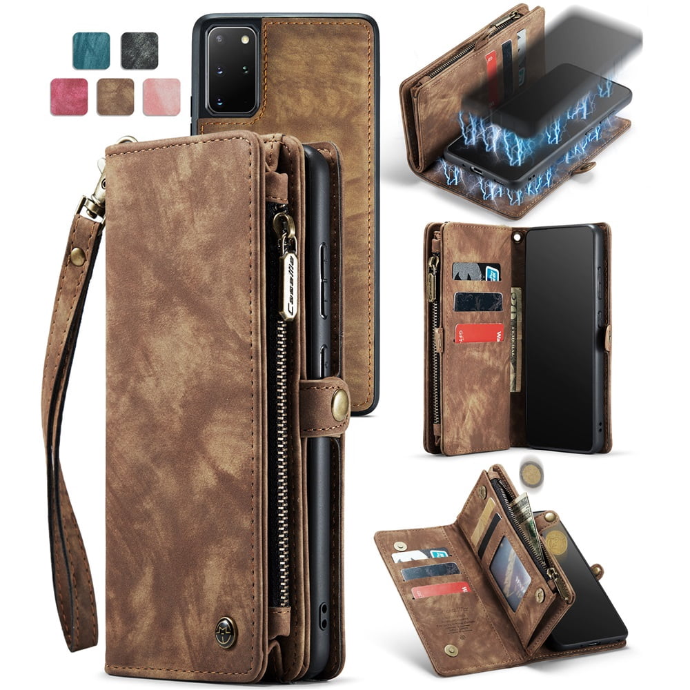 CaseMe Leather Case for Samsung Galaxy S20 Plus 5G,2 in 1 Detachable Wallet Case with 8-Card Holder Zipper Bills Slot,Magnetic Shockproof Flip Leather Cover Zipper Pocket Phone Cases,Brown