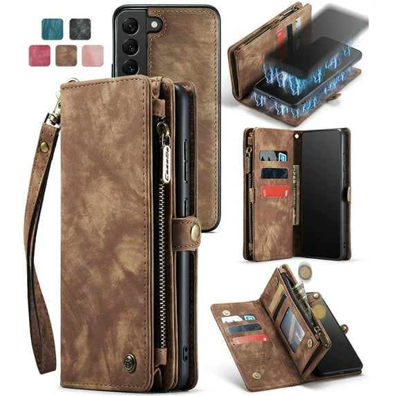 CaseMe Leather Case for Samsung Galaxy S21 FE 5G,2 in 1 Detachable Wallet Case with 8-Card Holder Zipper Bills Slot,Magnetic Shockproof Flip Leather Cover Zipper Pocket Phone Cases,Brown