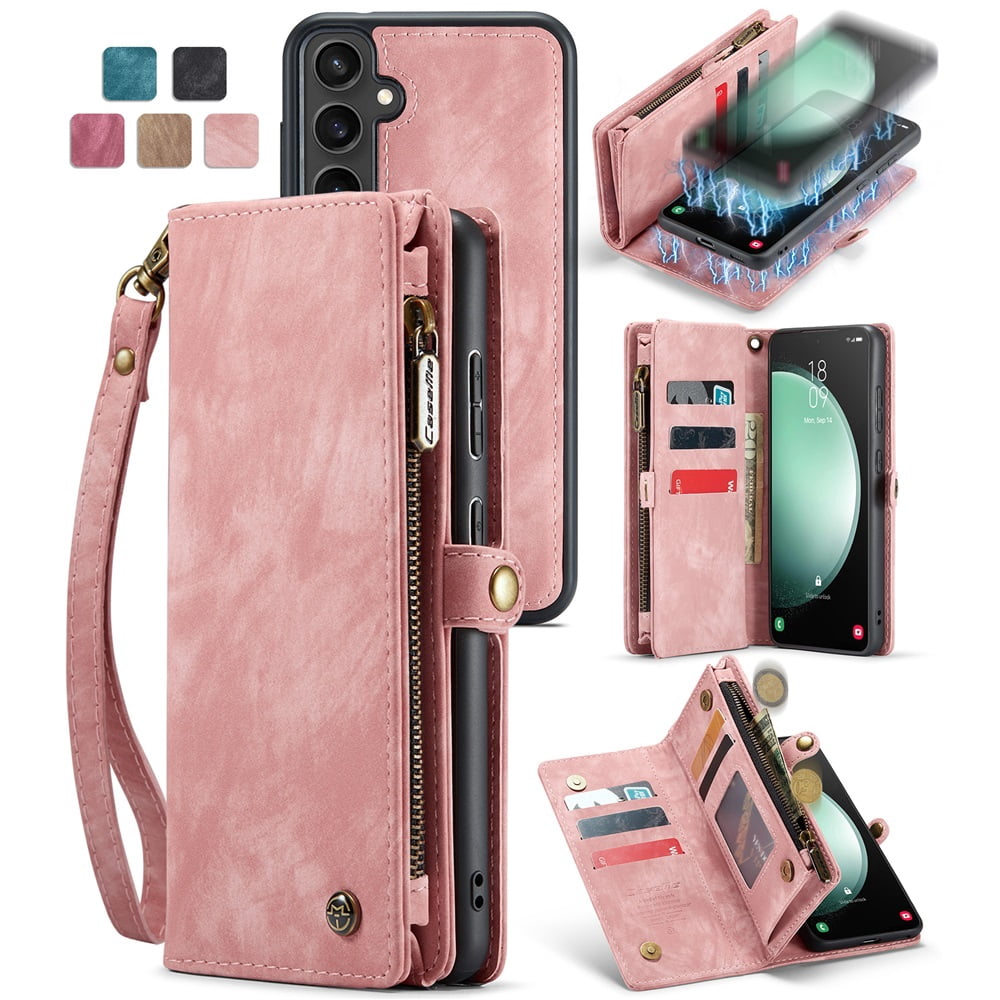 CaseMe Leather Case for Samsung Galaxy S23 FE 5G,2 in 1 Detachable Wallet Case with 8-Card Holder Zipper Bills Slot,Magnetic Shockproof Flip Leather Cover Zipper Pocket Phone Cases,Pink