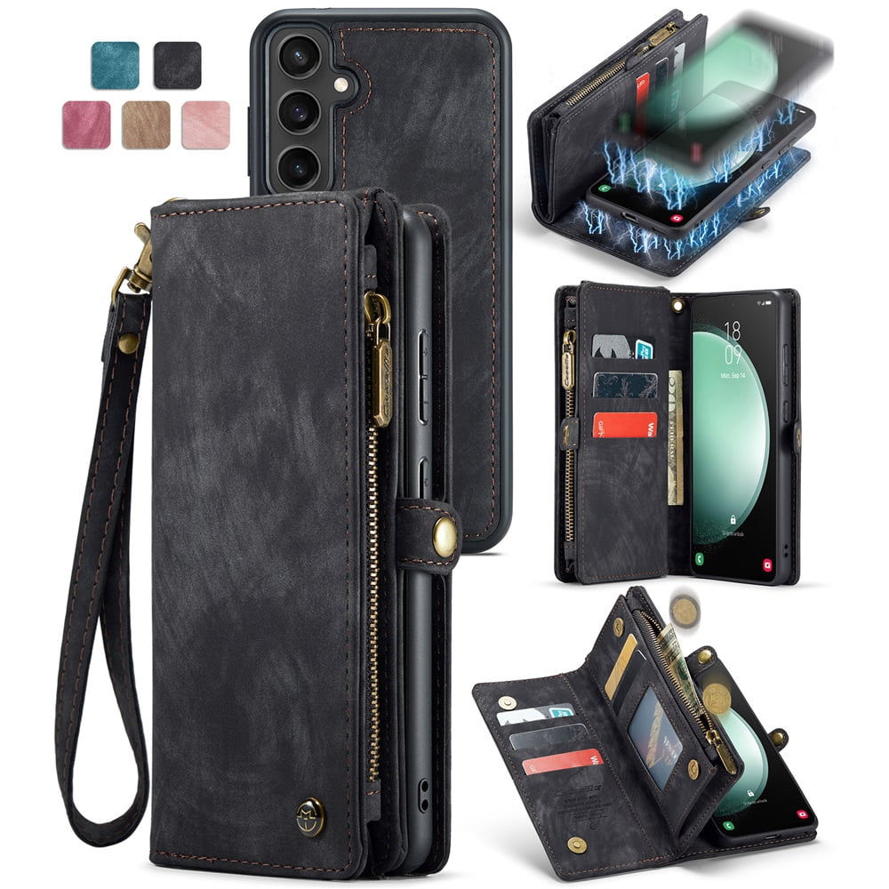 CaseMe Leather Case for Samsung Galaxy S23 FE 5G,2 in 1 Detachable Wallet Case with 8-Card Holder Zipper Bills Slot,Magnetic Shockproof Flip Leather Cover Zipper Pocket Phone Cases,Black