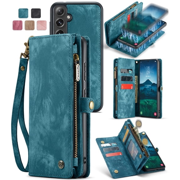 CaseMe Leather Case for Samsung Galaxy S24 5G,2 in 1 Detachable Wallet Case with 8-Card Holder Zipper Bills Slot,Magnetic Shockproof Flip Leather Cover Zipper Pocket Phone Cases,Blue