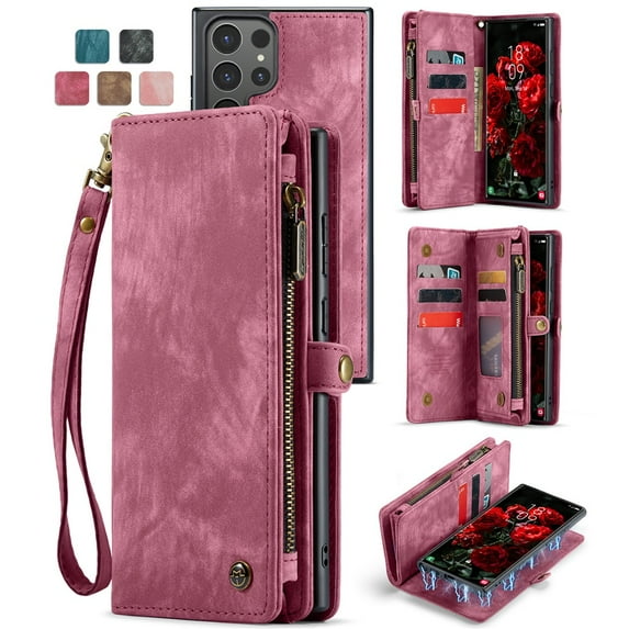 CaseMe Leather Case for Samsung Galaxy S25 Ultra 5G,2 in 1 Detachable Wallet Case with 8-Card Holder Zipper Bills Slot,Magnetic Shockproof Flip Leather Cover Zipper Pocket Phone Cases,Red