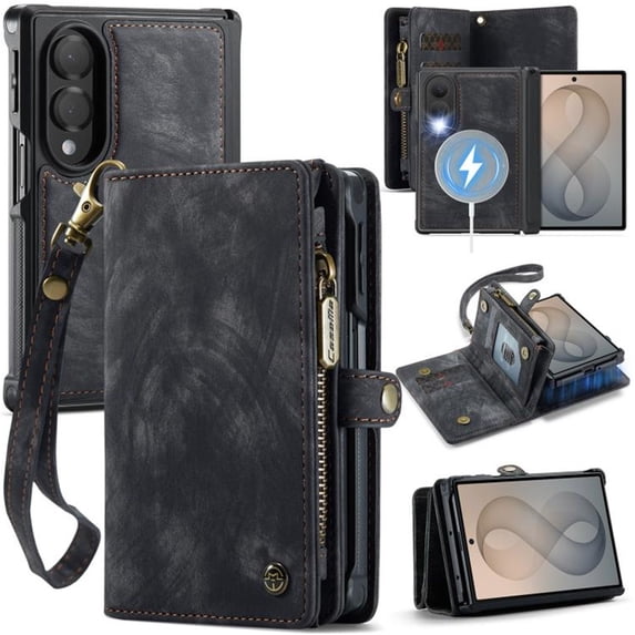 CaseMe Leather Case for Samsung Galaxy Z Fold8,2 in 1 Detachable Wallet Case with 8-Card Holder Zipper Bills Slot,Magnetic Flip Cover Phone Cases,Black,For Galaxy Z Fold8
