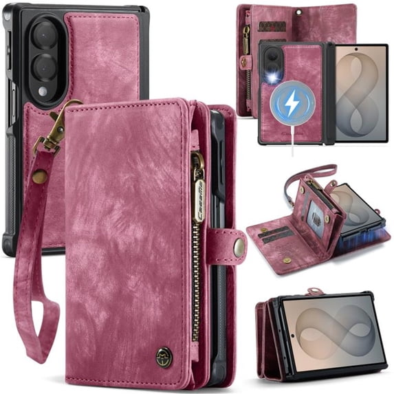 CaseMe Leather Case for Samsung Galaxy Z Fold8,2 in 1 Detachable Wallet Case with 8-Card Holder Zipper Bills Slot,Magnetic Flip Cover Phone Cases,Red,For Galaxy Z Fold8