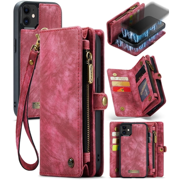 CaseMe Leather Case for iPhone 12,2 in 1 Detachable Wallet Case with 8-Card Holder Zipper Bills Slot,Magnetic Shockproof Flip Leather Cover Zipper Pocket Phone Cases,Red,For iPhone 12
