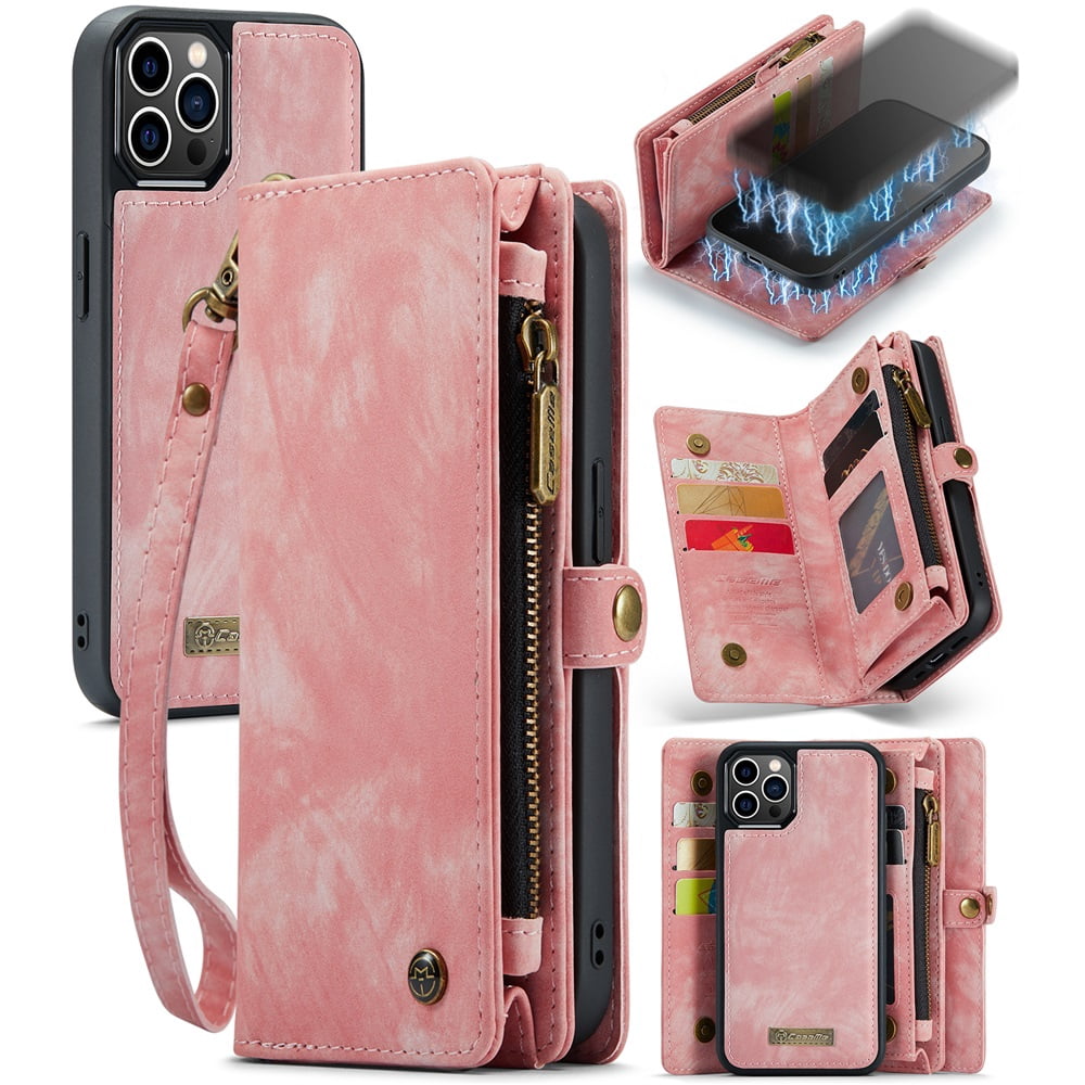 CaseMe Leather Case for iPhone 12 Pro,2 in 1 Detachable Wallet Case with 8-Card Holder Zipper Bills Slot,Magnetic Shockproof Flip Leather Cover Zipper Pocket Phone Cases,Pink,For iPhone 12 Pro