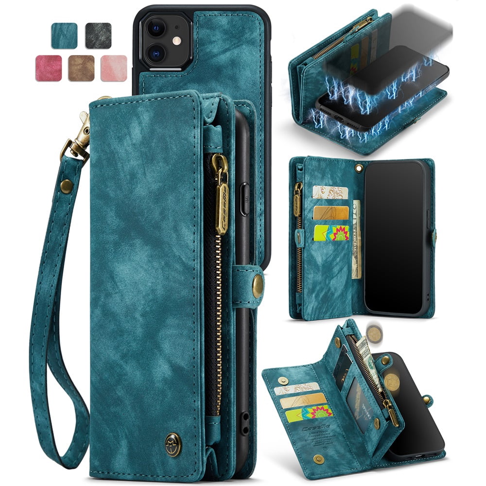 CaseMe Leather Case for iPhone 13,2 in 1 Detachable Wallet Case with 8-Card Holder Zipper Bills Slot,Magnetic Shockproof Flip Leather Cover Zipper Pocket Phone Cases,Blue,For iPhone 13
