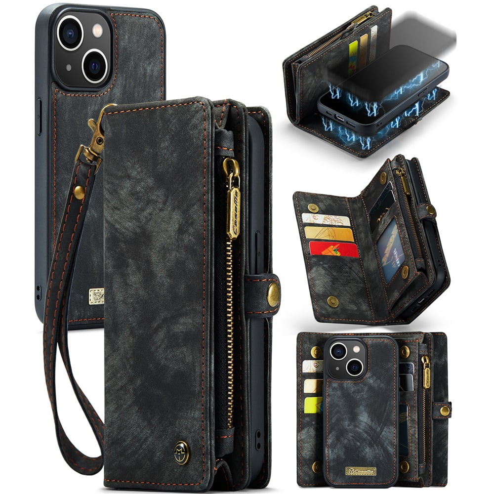 CaseMe Leather Case for iPhone 13 Mini,2 in 1 Detachable Wallet Case with 8-Card Holder Zipper Bills Slot,Magnetic Shockproof Flip Leather Cover Zipper Pocket Phone Cases,Black,For iPhone 13 Mini