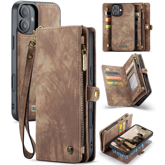 CaseMe Leather Case for iPhone 16,2 in 1 Detachable Wallet Case with 8-Card Holder Zipper Bills Slot,Magnetic Shockproof Flip Leather Cover Zipper Pocket Phone Cases,Brown,For iPhone 16