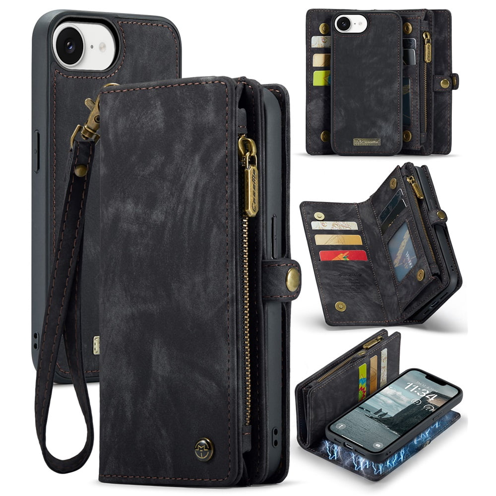 CaseMe Leather Case for iPhone 16e,2 in 1 Detachable Wallet Case with 8-Card Holder Zipper Bills Slot,Magnetic Shockproof Flip Leather Cover Zipper Pocket Phone Cases,Black,For iPhone 16e