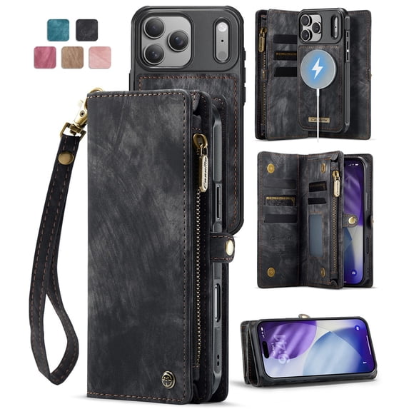 CaseMe Leather Case for iPhone 17 Pro,2 in 1 Detachable Wallet Case with 8-Card Holder Zipper Bills Slot,Magnetic Shockproof Flip Leather Cover Zipper Pocket Phone Cases,Black,For iPhone 17 Pro