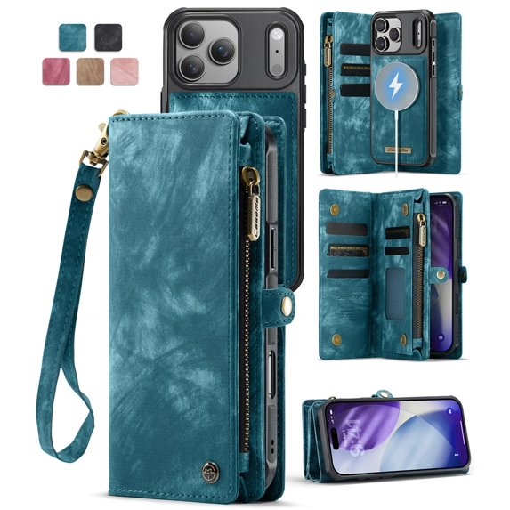 CaseMe Leather Case for iPhone 17 Pro,2 in 1 Detachable Wallet Case with 8-Card Holder Zipper Bills Slot,Magnetic Shockproof Flip Leather Cover Zipper Pocket Phone Cases,Blue,For iPhone 17 Pro
