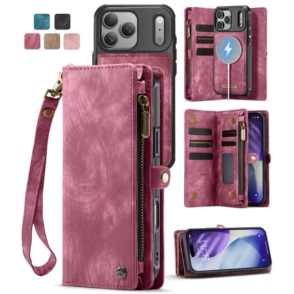CaseMe Leather Case for iPhone 17 Pro,2 in 1 Detachable Wallet Case with 8-Card Holder Zipper Bills Slot,Magnetic Shockproof Flip Leather Cover Zipper Pocket Phone Cases,Red,For iPhone 17 Pro