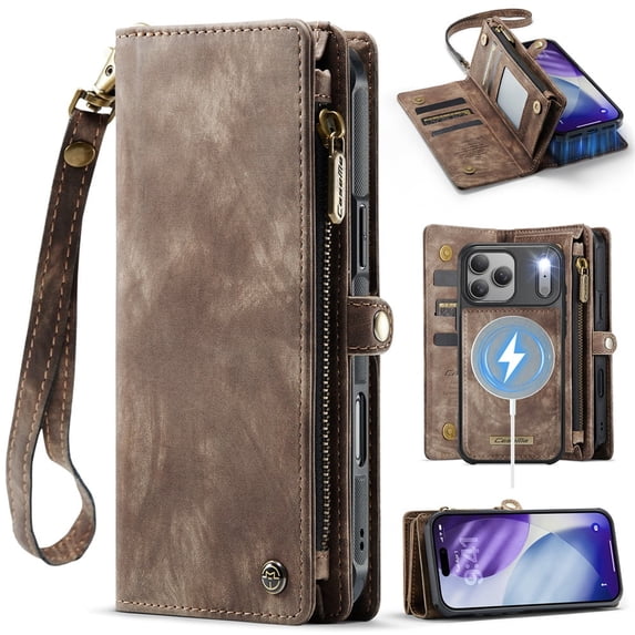 CaseMe Leather Case for iPhone 17 Pro Max,2 in 1 Detachable Wallet Case with 8-Card Holder Zipper Bills Slot,Magnetic Shockproof Flip Leather Cover Zipper Pocket Phone Cases,Brown