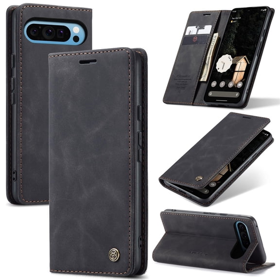 CaseMe Leather for Google Pixel 10 Pro XL Case, Flip Wallet Leather Case with Card Holder Magnetic Closure Shockproof Kickstand Protective Phone Cases Cover for Google Pixel 10 Pro XL,Black