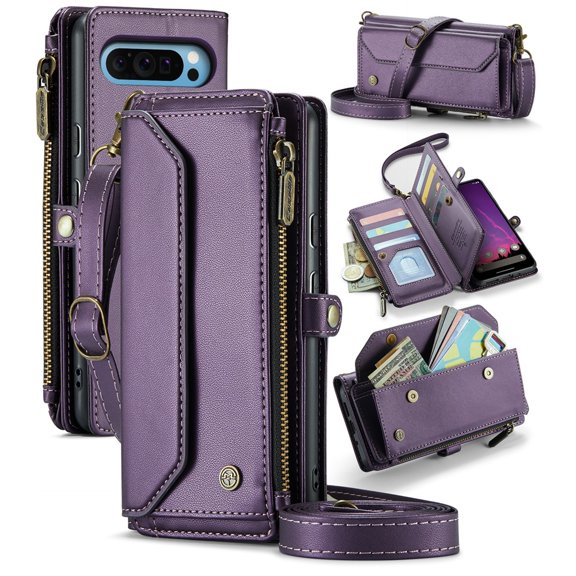 CaseMe Leather for Google Pixel 10 Pro XL Case Wallet【RFID Blocking】with 10-Card Holder Zipper Bills Slot, Soft PU Leather Magnetic Shoulder Wrist Strap for Google Pixel 10 Pro XL Wallet Case Women