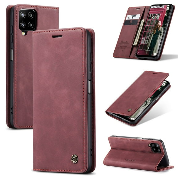 CaseMe Leather for Samsung Galaxy A12 Case, Flip Wallet Leather Case with Card Holder Magnetic Closure Shockproof Kickstand Protective Phone Cases Cover for Samsung Galaxy A12 6.5-inch,Wine Red