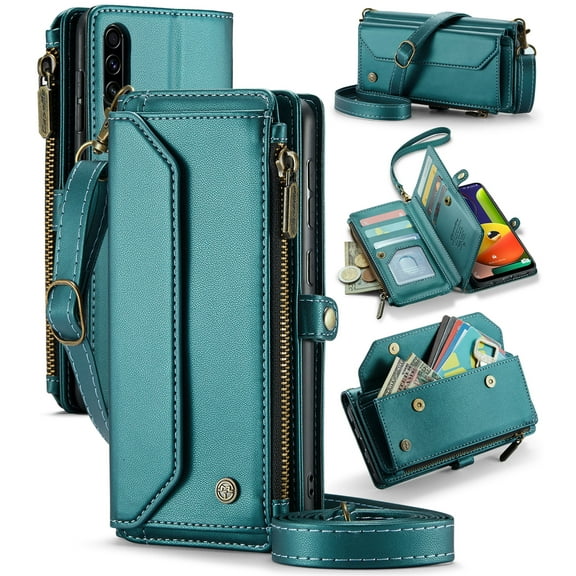CaseMe Leather for Samsung Galaxy A50 6.4" Case Wallet【RFID Blocking】with 10-Card Holder Zipper Bills Slot, Soft PU Leather Magnetic Shoulder Wrist Strap for Samsung Galaxy A50 6.4" Wallet Case Women