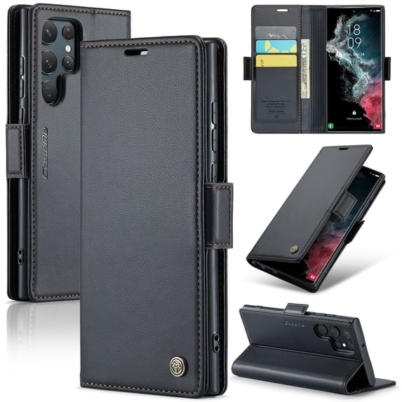 CaseMe Leather For Samsung Galaxy S22 Ultra 5G Wallet Case with RFID Blocking, For Samsung Galaxy S22 Ultra 5G Case Wallet for Women Men Card Holder Magnetic Clasp Kickstand Folio Case,Black