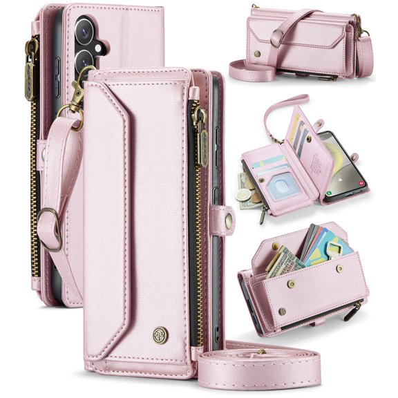 CaseMe Leather for Samsung Galaxy S24 6.2" Case Wallet【RFID Blocking】with 7-Card Holder Zipper Bills Slot, Soft PU Leather Magnetic Shoulder Wrist Strap for Samsung Galaxy S24 6.2" Wallet Case Women