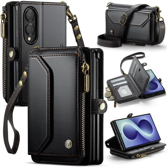 CaseMe Leather for Samsung Galaxy Z Fold8 5G Case Wallet【RFID Blocking】With Multi-Card Holder Zipper Bills Slot, Magnetic Shoulder Wrist Strap Cover,Black,For Galaxy Z Fold8 5G