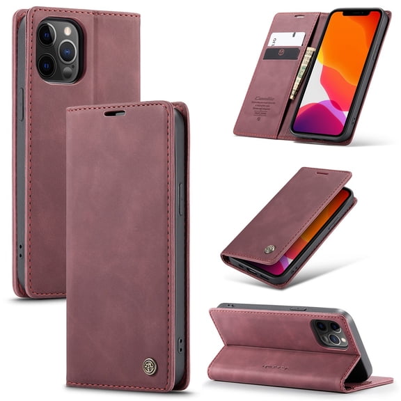 CaseMe Leather for iPhone 12 Pro Max Case, Flip Wallet Leather Case with Card Holder Magnetic Closure Shockproof Kickstand Protective Phone Cases Cover for iPhone 12 Pro Max,Wine Red