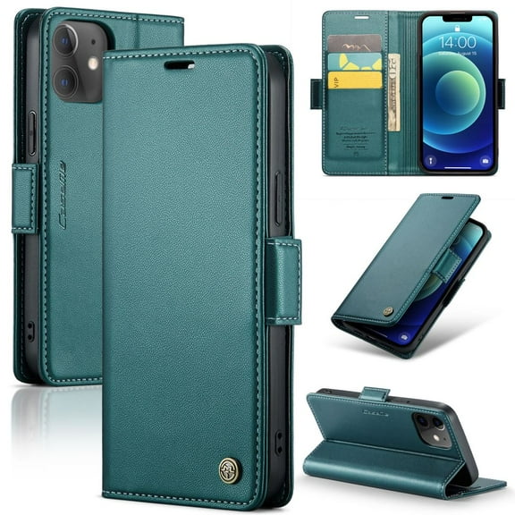 CaseMe Leather For iPhone 12 Wallet Case with RFID Blocking, For iPhone 12 Case Wallet for Women Men Card Holder Magnetic Clasp Kickstand Folio Case for iPhone 12,Green,For iPhone 12