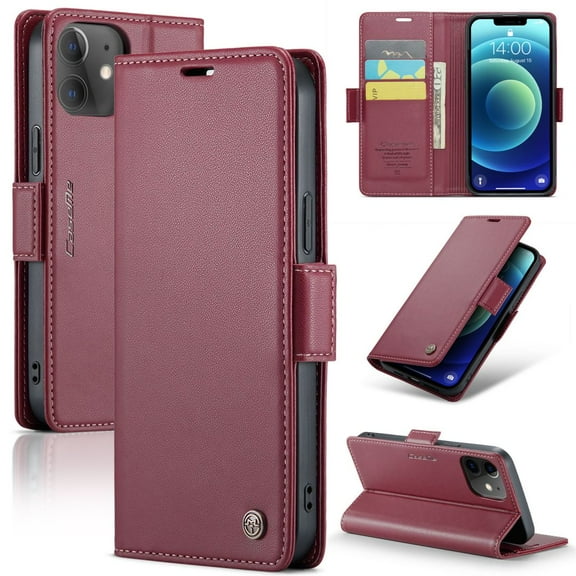 CaseMe Leather For iPhone 12 Wallet Case with RFID Blocking, For iPhone 12 Case Wallet for Women Men Card Holder Magnetic Clasp Kickstand Folio Case for iPhone 12,Wine Red,For iPhone 12
